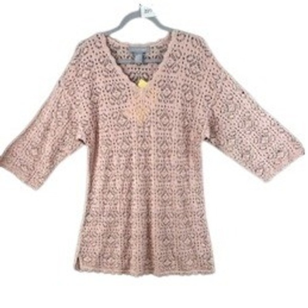 New Modern Soul Crochet Tunic Women Sz L Pink V-Neck 3/4 Sleeve Layer